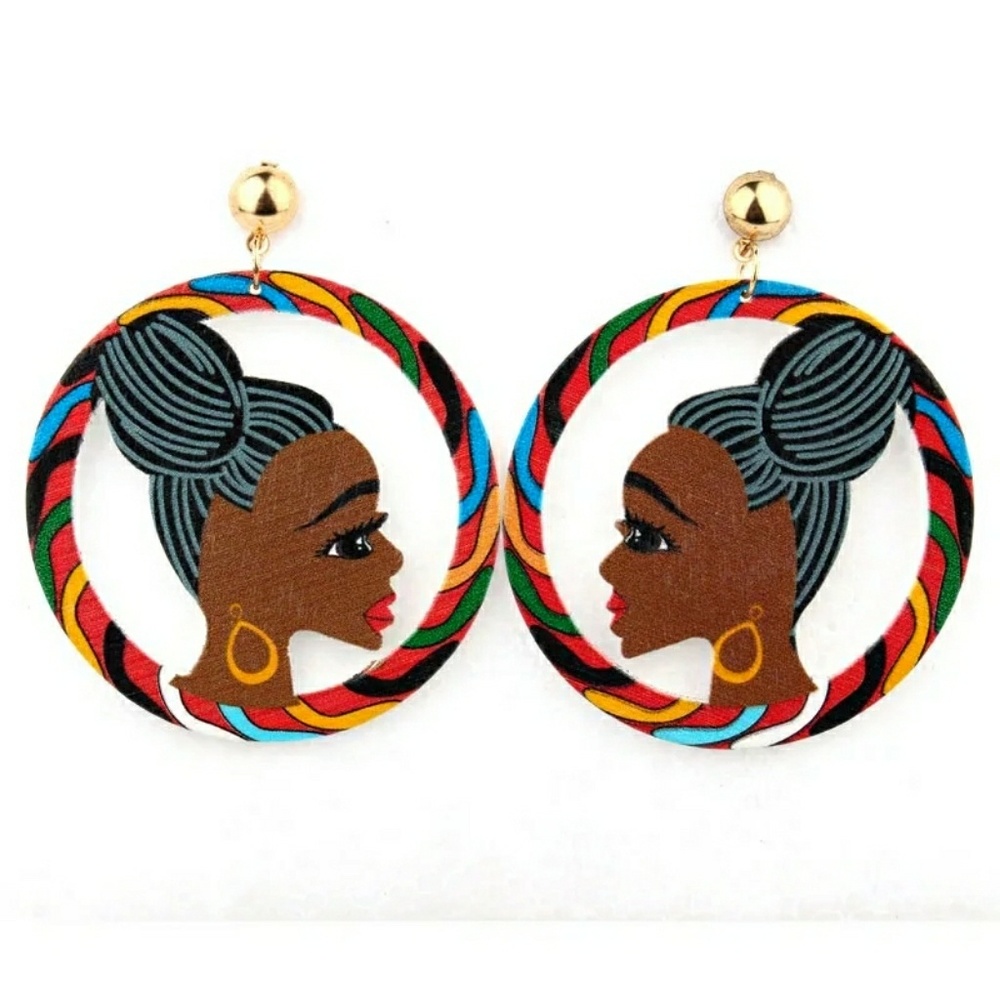 Natural Hair Bun Colorful Round Wooden Earrings